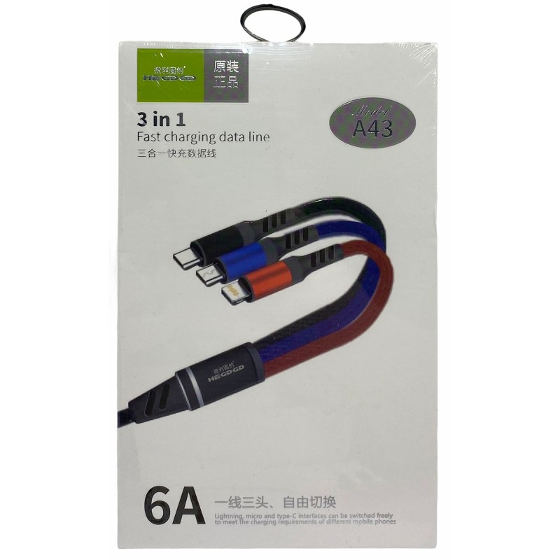 Cablu Type-C Micro Usb si Iphone Lightning 3in1 6A A43RO