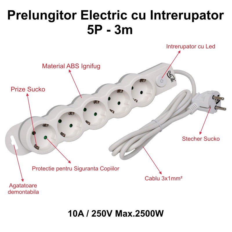 Prelungitor Electric 5 Prize 3M și Protecție Copii DALBI