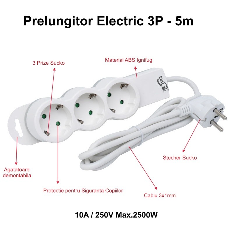 Prelungitor Electric 3 Prize 5M și Protecție Copii DALBI