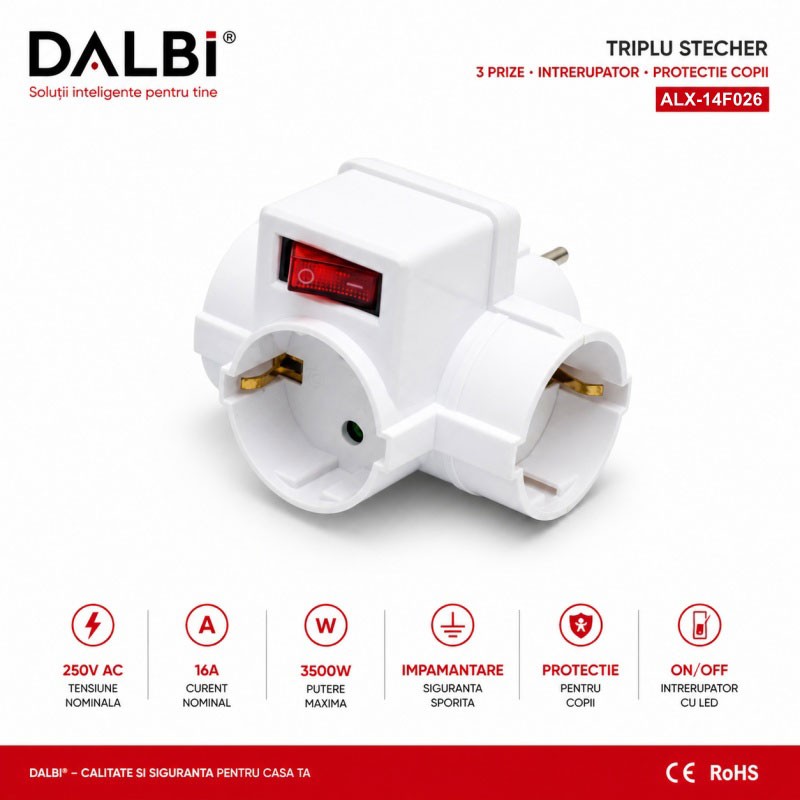Triplu Stecher 3 Prize Compact 16A 250V cu Intrerupator DALBI - imagine 4